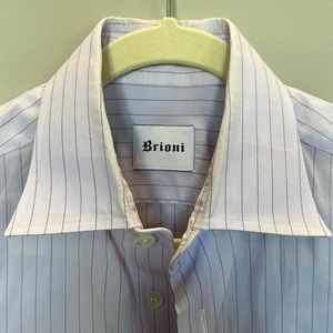 Brioni Men's Dress Shirt - Purple with Blue Stripes - Size 15.5/39